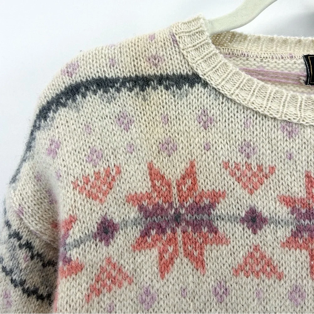 Vintage Eddie Bauer Cream Pink Wool Snowflake Fair Isle Christmas Sweater